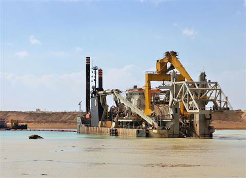 Jan de Nulâ€™s cutter suction dredger the Ibn Battuta at work on the Suez Canal expansion project.