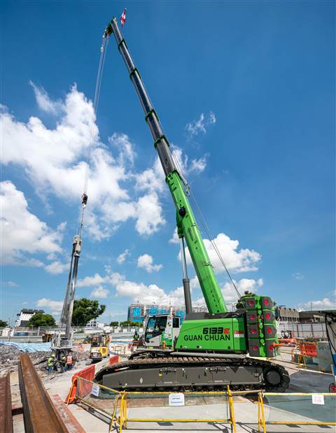 Guan Chuan Engineering & Construction's Sennebogen 6133 E telescopic crawler crane at work on the Deep Tunnel Sewerage System project in Singapore