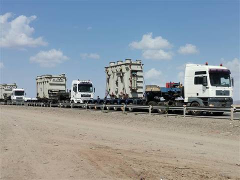 The smaller (56 tonne) transformer followed by the two larger ones (99 tonnes each)