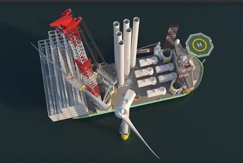 Aerial view artist's impression of OHT wind turbine installation vessel with 2,500 tonne capacity telescopic lattice boom crane redand white and the jack up legs too